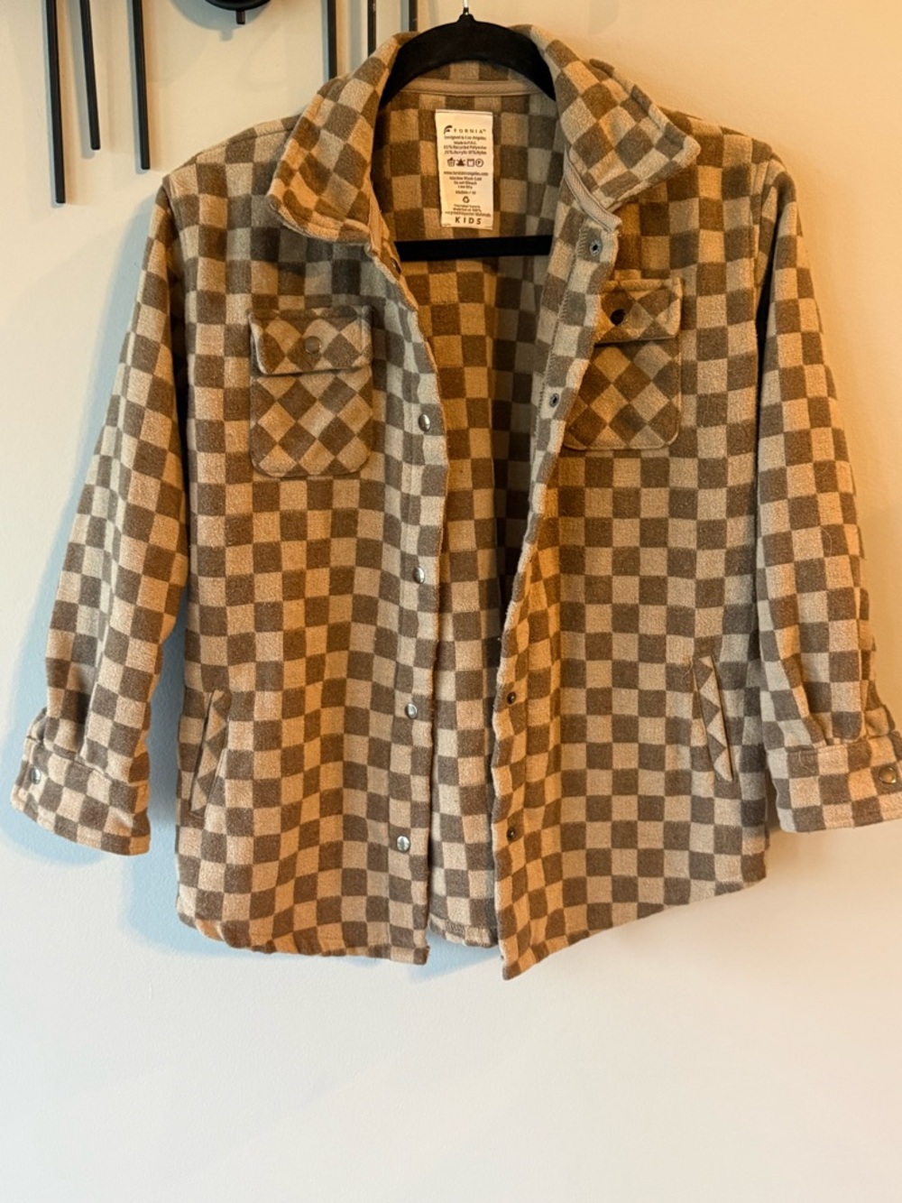Kids Checkered Button-Front Jacket - Tan & Cream